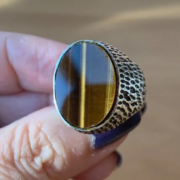 VINTAGENAVAJO NATIVE AMERICAN 925 SS TIGER EYE LARGE SIGNET RING MENS WOMANS